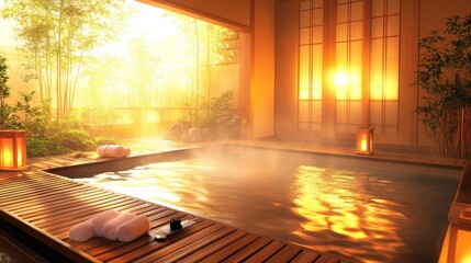 Interior rendering of a serene onsen with sunlight, bamboo, and steam rising