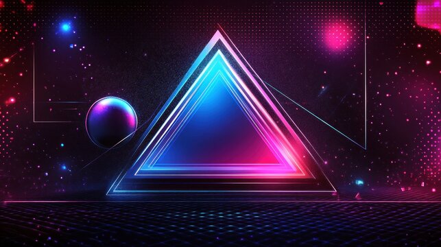 Abstract neon illuminated triangle with surrounding glowing shapes on a dark backdrop - Powered by Adobe