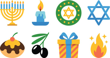 Colorful Hanukkah Symbols and menorah candle