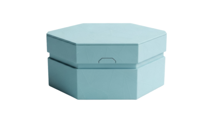 Hexagonal light blue box isolated PNG on transparent background, geometric container for jewelry or small gifts, modern design