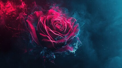 A vibrant, surreal rose emanating smoke-like energy in shades of red and blue against a dark backdrop