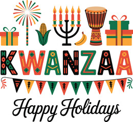 Kwanzaa celebration with colorful holiday decorations and gifts