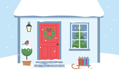 Snowy festive Christmas house front Exterior