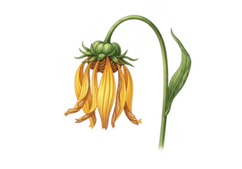 Wilted yellow flower with green stem isolated on transparent background