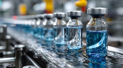 Rows of glass vials with blue liquid moving on a pharmaceutical conveyor belt in a sterile medical factory with macro glass reflections.