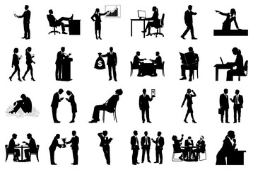 Business Silhouettes Depicting Work, Meetings, and Success Keywords: business, silhouette