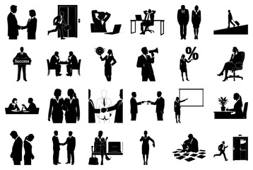 Business Silhouettes Featuring Meetings and Success Symbols Keywords: business, silhouette