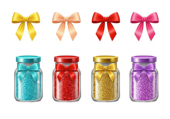 Colorful bows and jars with glitter isolated on transparent background