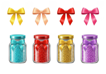 Colorful bows and jars with glitter isolated on transparent background
