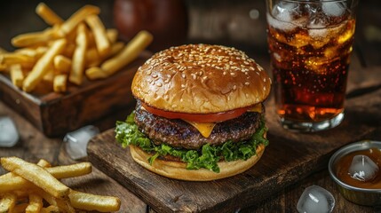 Delicious burger with fries and a drink. Focus on food photography showcasing a meal