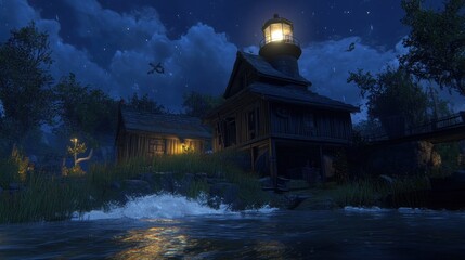 Night view of a weathered lighthouse and its adjacent building, lit by the beacon