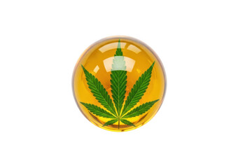 Cannabis leaf in oil capsule isolated on transparent background