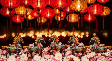 Multiple red and yellow paper lantern, illuminated, with horse figurines on flower. Symbolic for celebration, prosperity, and festive events
