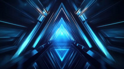 Futuristic tunnel with converging triangular lines, glowing blue light at its vanishing point
