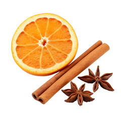 cinnamon, anise and orange fruits for christmas cooking isolated on white or transparent png