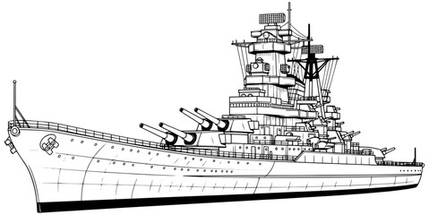 Battleship with multiple gun turrets on the ocean © SaiKir