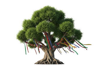 Green tree with colorful ribbons isolated on transparent background