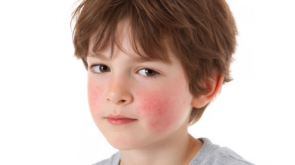 Little girl with red rash on her cheeks, a symptom of fifth disease, also known as slapped cheek syndrome or erythema infectiosum, isolated on transparent background