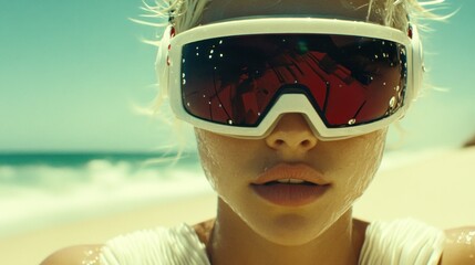 A close-up of a person wearing futuristic white goggles reflecting red indoors, beach in background