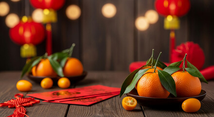 Arrangement with orange, lantern, envelope on table, celebrating culture, new year. Represents prosperity and festive tradition