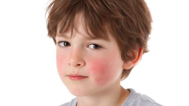 Little girl with red rash on her cheeks, a symptom of fifth disease, also known as slapped cheek syndrome or erythema infectiosum, isolated on transparent background