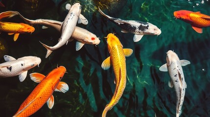 Colorful Koi fish swim gracefully in a dark green pond, sunlight reflecting on scales