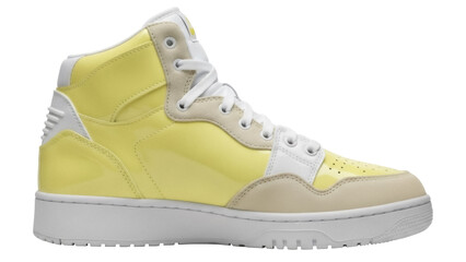 Stylish yellow high-top sneaker isolated PNG, fashionable footwear for casual wear and athletic activities on transparent background
