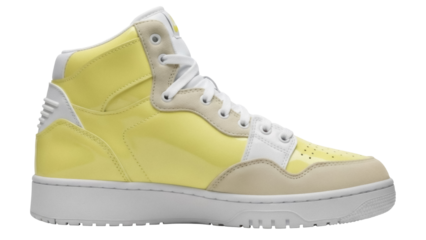 Stylish yellow high-top sneaker isolated PNG, fashionable footwear for casual wear and athletic activities on transparent background