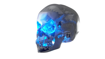 Awakening AI concept, Metallic silver skull looking aside with bright neon cyan gaze, Cybernetic 3D...
