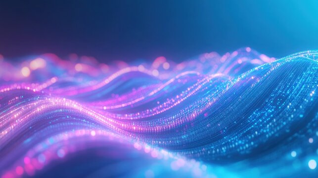 Abstract wave-like lines shimmer with iridescent blue and purple hues