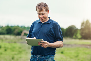 Man, farmer and typing with tablet in outdoor in countryside, schedule tasks and planning crop...