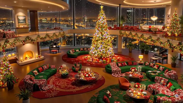 A cozy studio-style living space with Christmas tree, fireplace, bed, and Eiffel Tower view, glowing with festive charm and snowy elegance.  