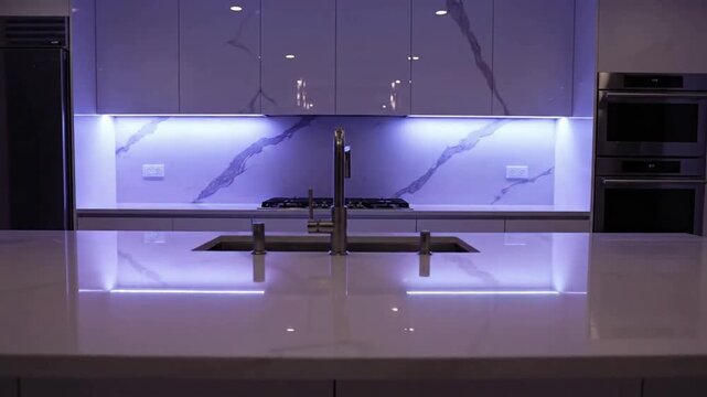 Smart light strip integrated into modern kitchen backsplash with smart light strip in kitchen: effect videos Mission Smart Home