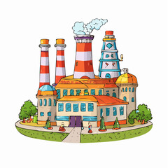 Ville color&eacute;e avec usines et b&acirc;timents, illustration originale, cr&eacute;atif