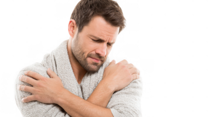 Young man wearing a scarf and a gray sweater is shivering and feeling cold, arms crossed and rubbing his shoulders, on a transparent background