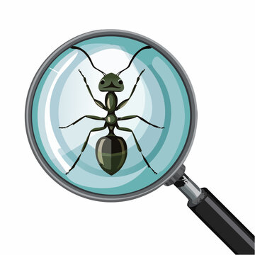 Une fourmi observ&eacute;e &agrave; la loupe, en gros plan, isol&eacute; sur fond blanc, entomologie, insecte