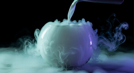 Close-up of liquid pouring into a round glass bowl filled with smoke, representing science, experimentation, and mysterious effect