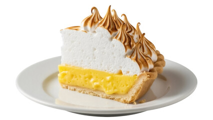 Slice of lemon meringue pie isolated PNG, delicious dessert with toasted meringue topping and creamy lemon filling for patisserie menu