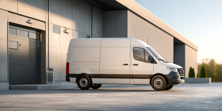 White commercial delivery van parked outside modern industrial warehouse building during daylight
