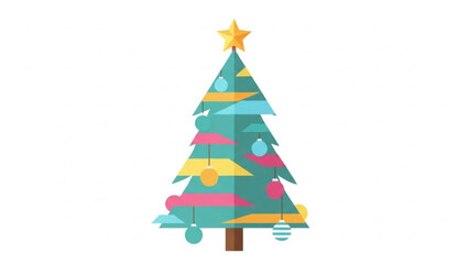 Christmas Tree Decorated with Ornaments and Star, Flat Design Vector Illustration Isolated on White