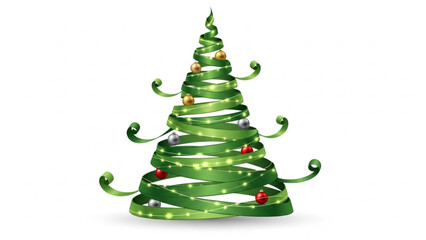 Green Ribbon Christmas Tree Stylized Decorated with Ornaments Lights Isolated on White Vector Illustration