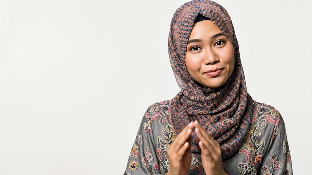 Portrait of a young woman wearing a patterned hijab with a calm expression.