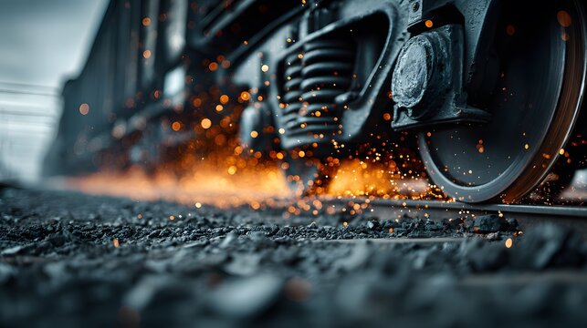 Train wheels grinding on a metal track emitting bright orange sparks with high speed motion and dynamic lighting in a railway close-up.