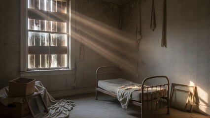 Abandoned Bedroom with Sun Rays Through Window