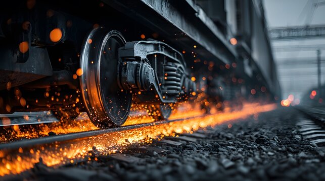 Train wheels grinding on a metal track emitting bright orange sparks with high speed motion and dynamic lighting in a railway close-up.