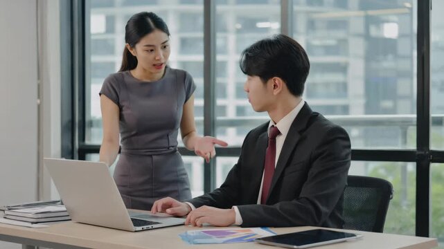 This captures a moment in an office where two individuals are engaged in a work session involving a laptop computer.
