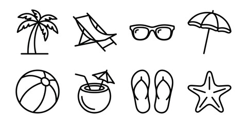 Beach vacation line icons set, summer travel outline