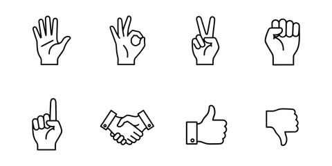 Hand gestures line icons set, communication signs outline symbols