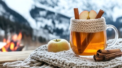 Warm beverage in a mug with cinnamon sticks and apple slices, set against a snowy, outdoor backdrop