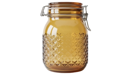 Amber glass jar with metal clasp isolated PNG, vintage style storage container on transparent background